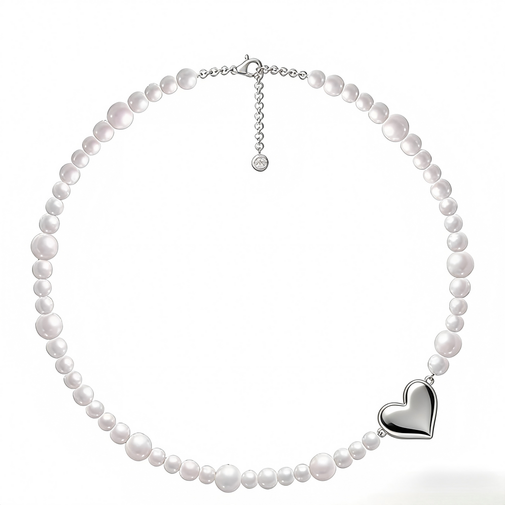 Timeless Pearl Necklace with Heart-Shaped Silver Pendant