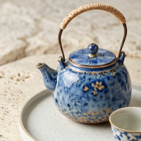Woven Handle Blue Blossom Ceramic Tea Set