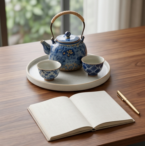Woven Handle Blue Blossom Ceramic Tea Set