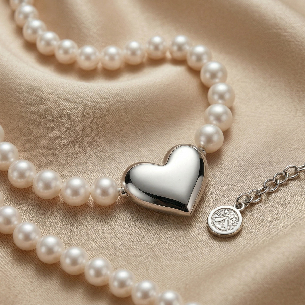 Timeless Pearl Necklace with Heart-Shaped Silver Pendant
