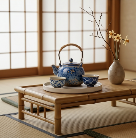 Woven Handle Blue Blossom Ceramic Tea Set