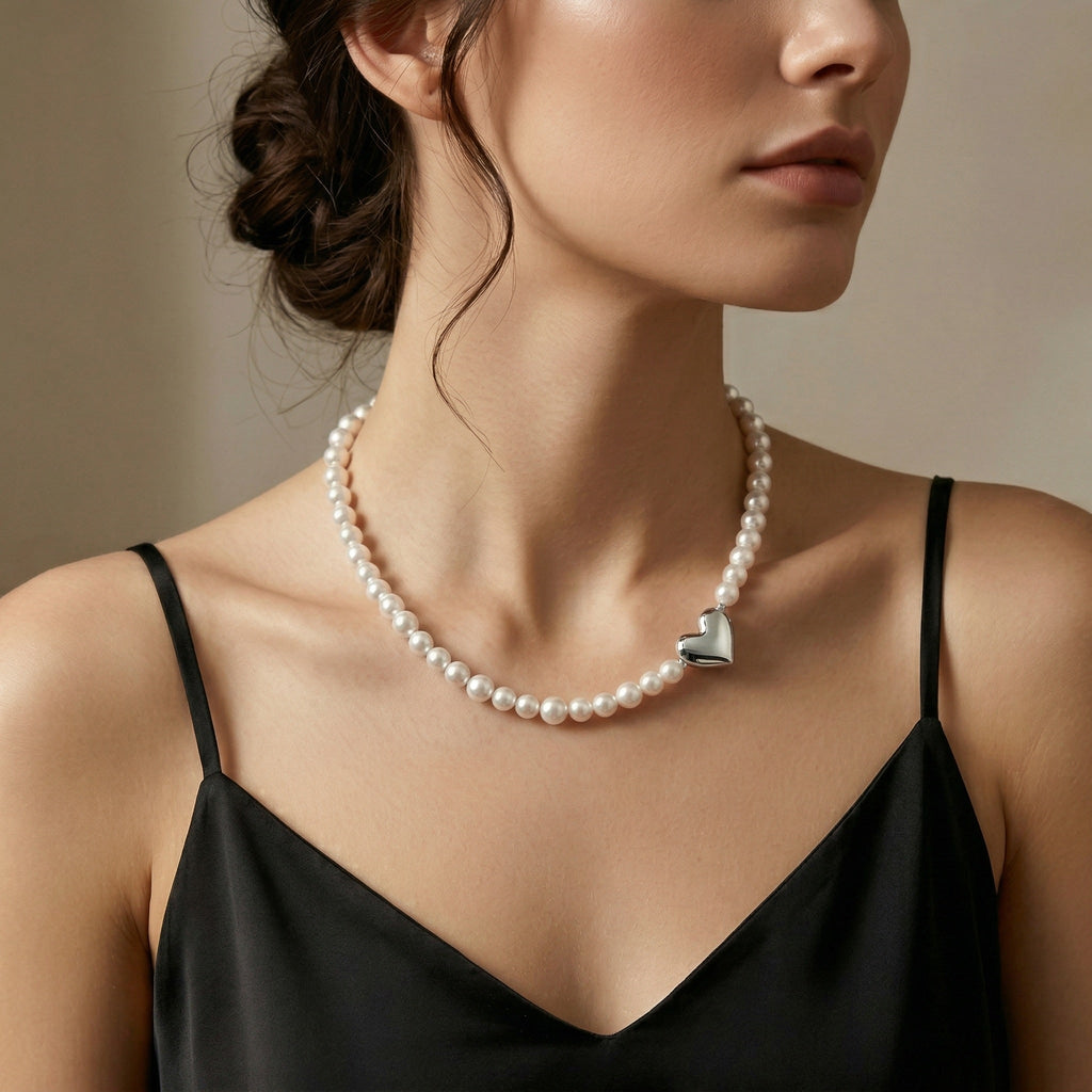 Timeless Pearl Necklace with Heart-Shaped Silver Pendant