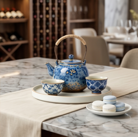 Woven Handle Blue Blossom Ceramic Tea Set
