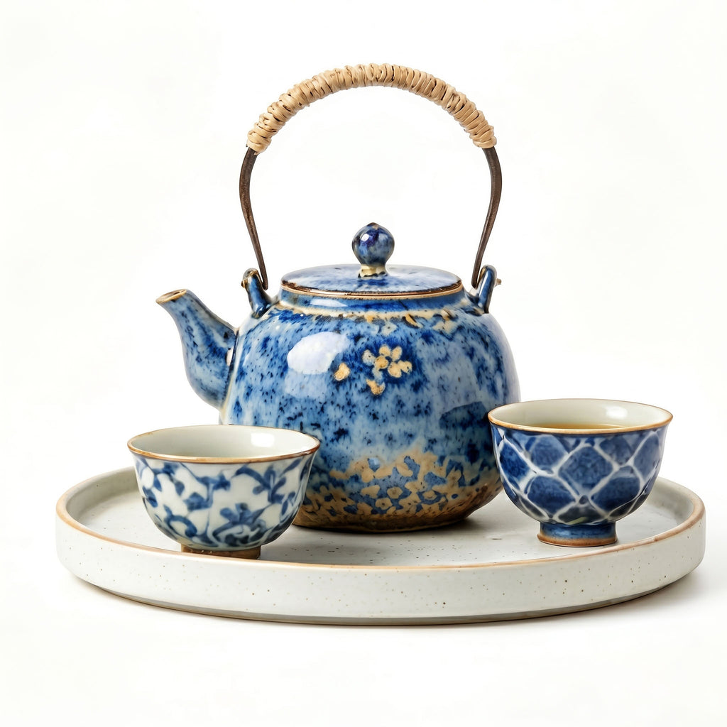 Woven Handle Blue Blossom Ceramic Tea Set