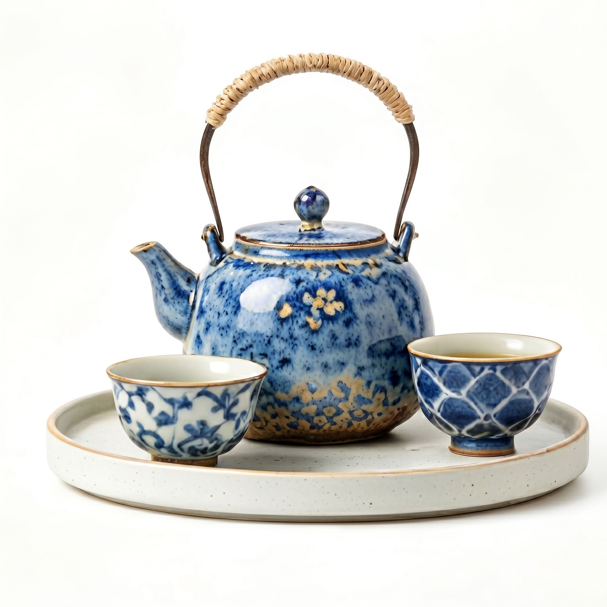 Woven Handle Blue Blossom Ceramic Tea Set