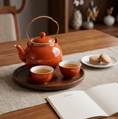 Glossy Brick Red Top-Handle Tea Set