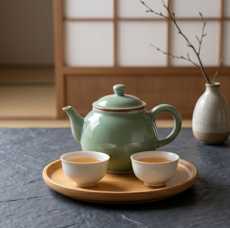 Celadon Green Ceramic and Bamboo Tea Set