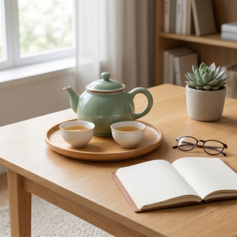 Celadon Green Ceramic and Bamboo Tea Set
