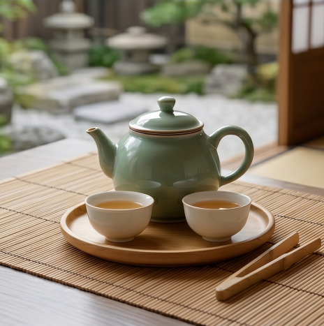 Celadon Green Ceramic and Bamboo Tea Set
