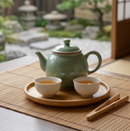 Celadon Green Ceramic and Bamboo Tea Set
