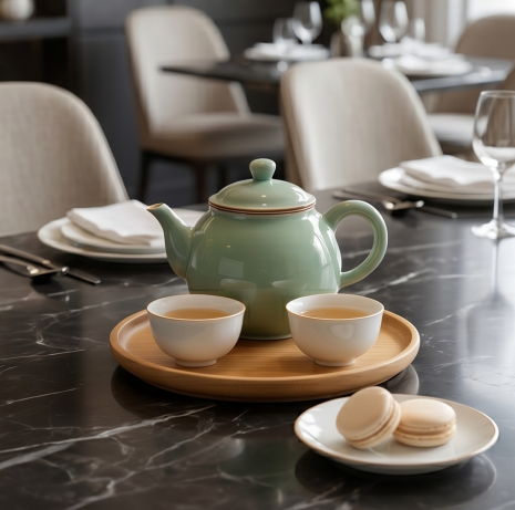 Celadon Green Ceramic and Bamboo Tea Set