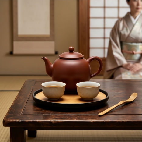 Matte Terracotta and Bamboo Tea Set