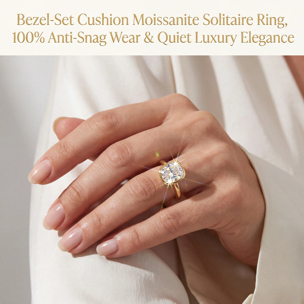 Cushion-Cut Sparkle Framed by a Smooth Bezel — styled wearing view