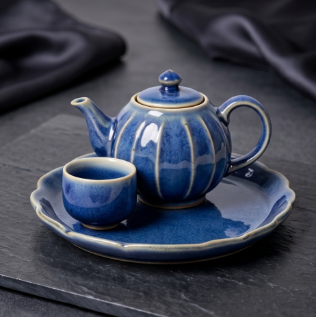Fluted Sapphire Ceramic Solo Tea Set