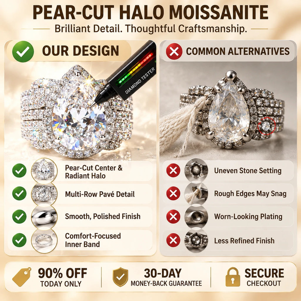 Pear-Cut Halo Moissanite Ring — 3