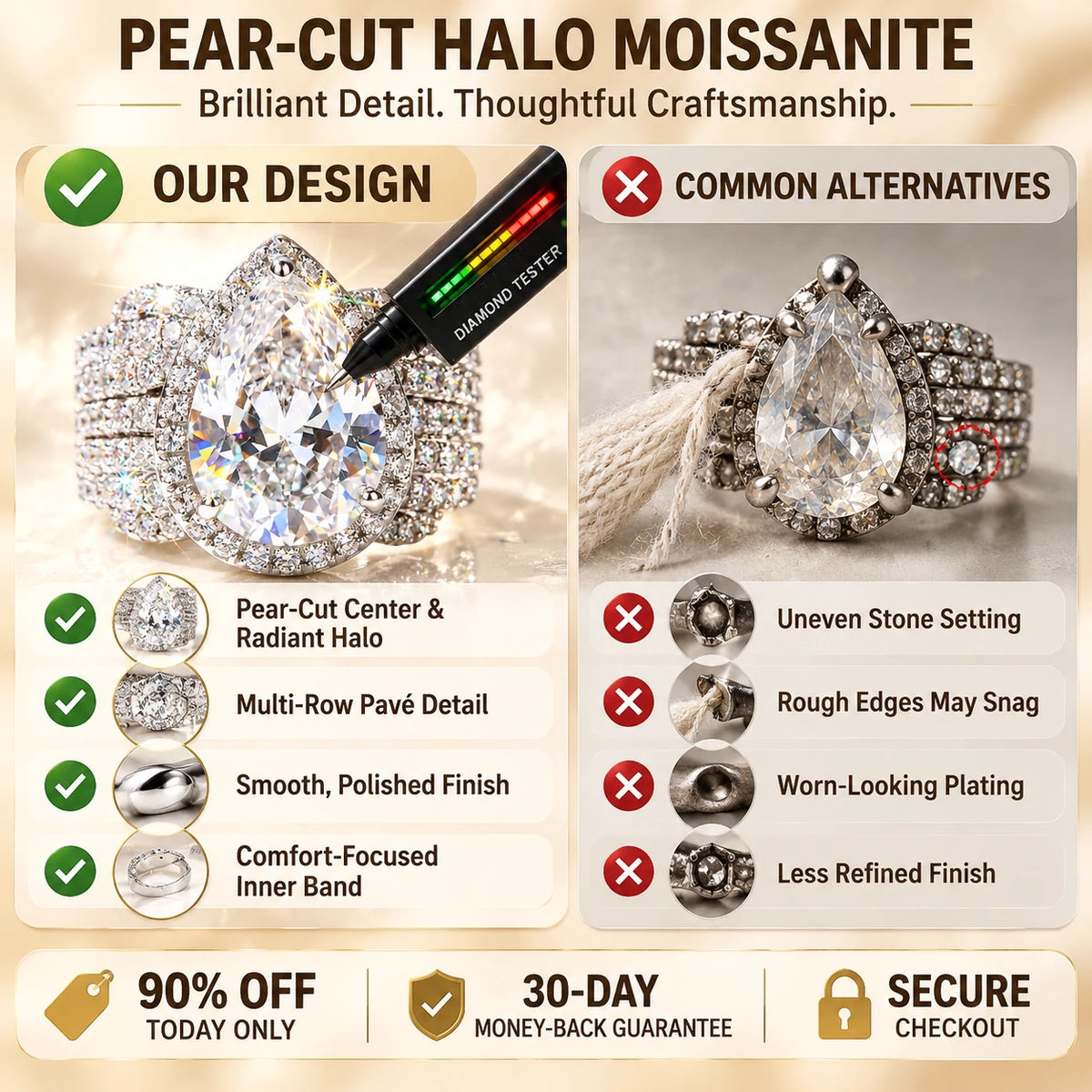 Pear-Cut Halo Moissanite Ring — 3