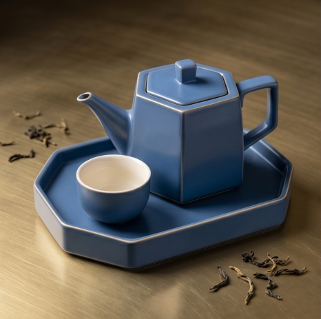 Geometric Slate Blue Ceramic Solo Tea Set
