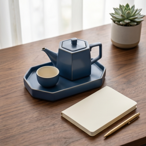Geometric Slate Blue Ceramic Solo Tea Set