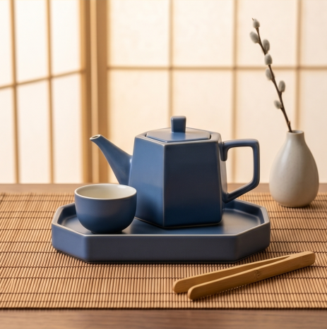 Geometric Slate Blue Ceramic Solo Tea Set