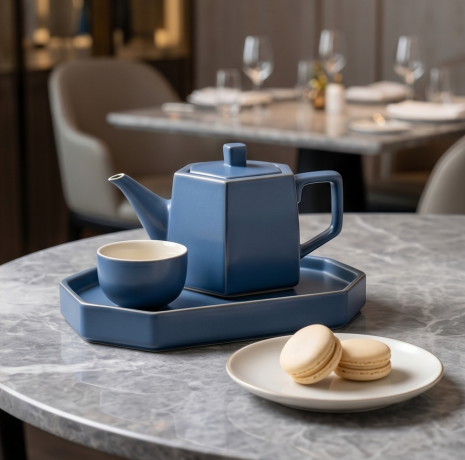 Geometric Slate Blue Ceramic Solo Tea Set