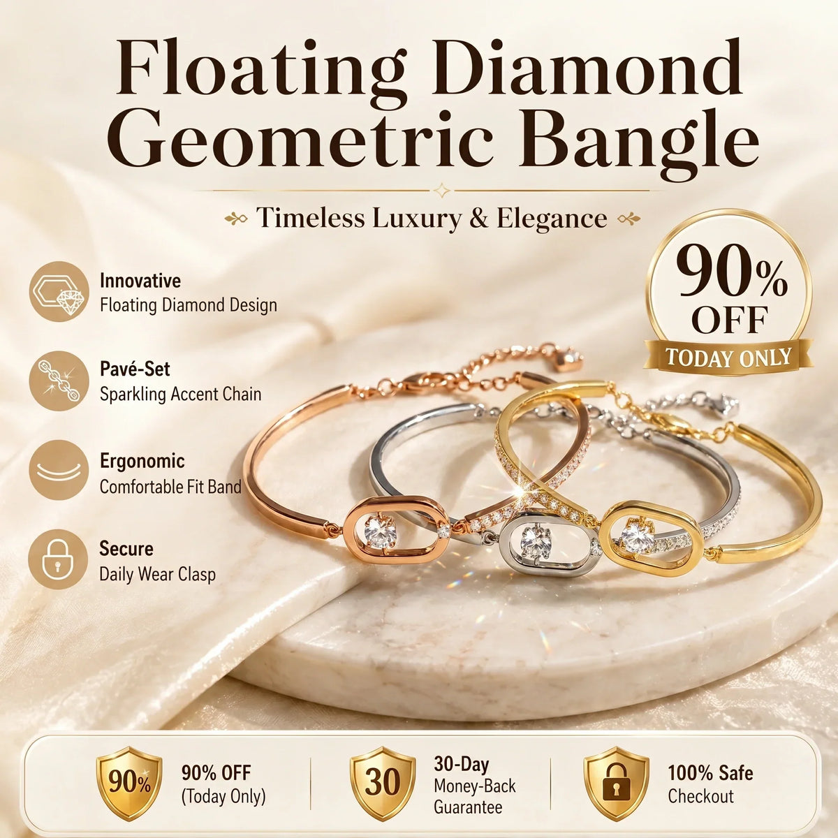 🔥🔥 LAST DAY 90% OFF : Floating Diamond Geometric Bangle – Timeless Luxury &amp; Kinetic Brilliance