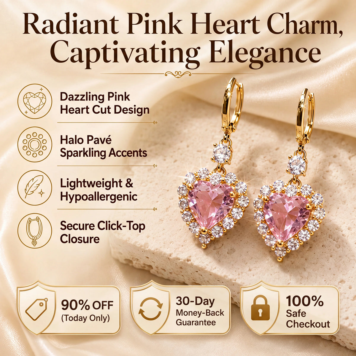 🔥 LAST DAY 90% OFF : Radiant Pink Heart Charm Drop Earrings – Captivating Sparkle & Featherlight Elegance