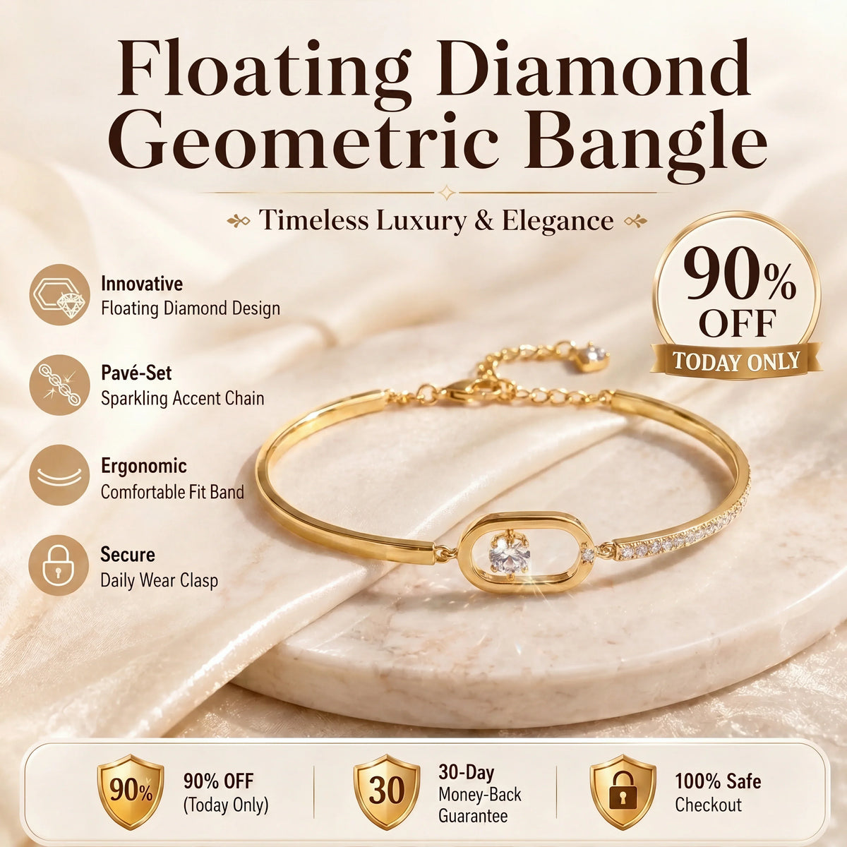 🔥🔥 LAST DAY 90% OFF : Floating Diamond Geometric Bangle – Timeless Luxury &amp; Kinetic Brilliance