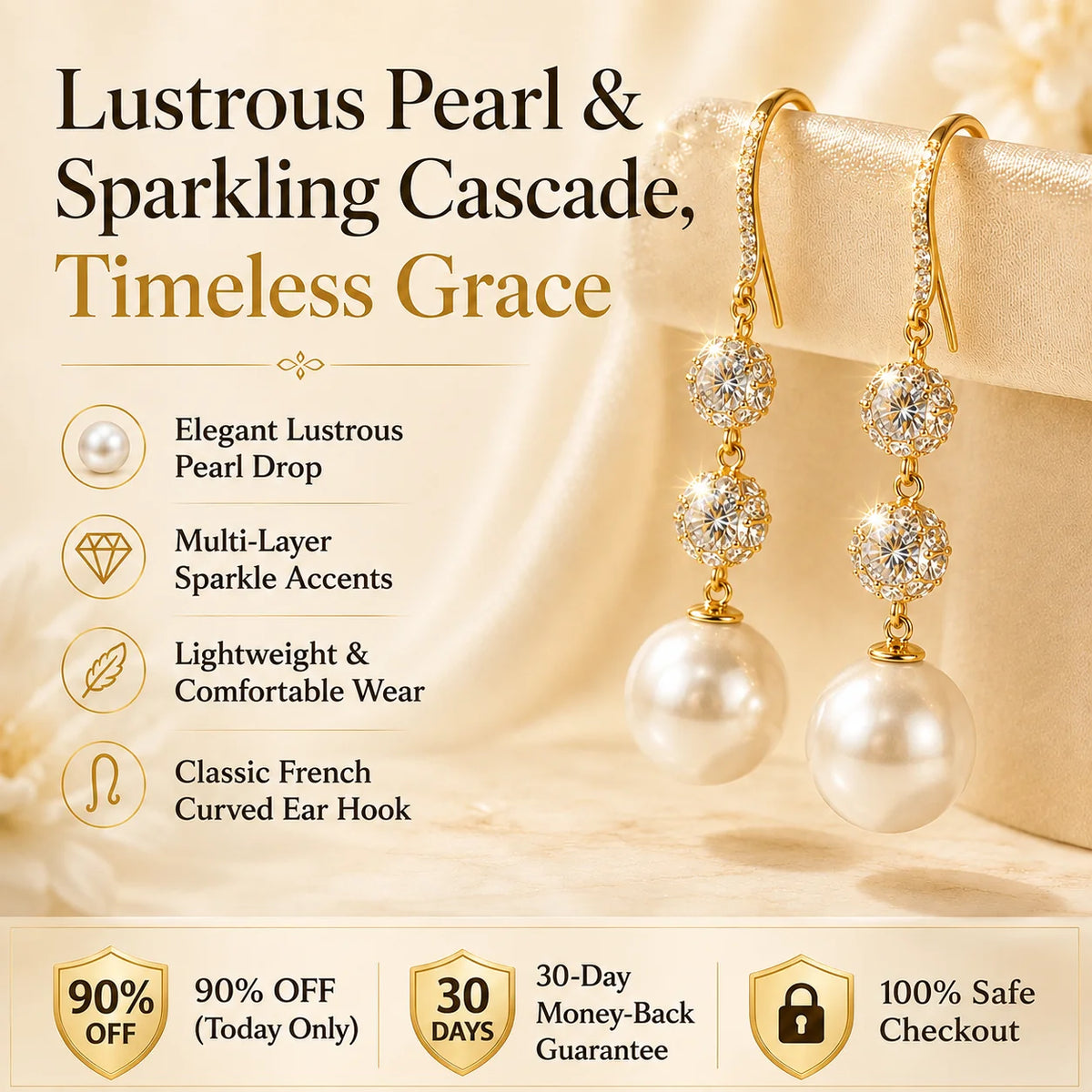 🔥 LAST DAY 90% OFF : Lustrous Pearl & Sparkling Cascade Drop Earrings – Timeless Grace & Modern Luxury