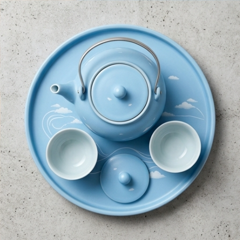 Azure Cloudscape Ceramic Tea Set with Metal Handle
