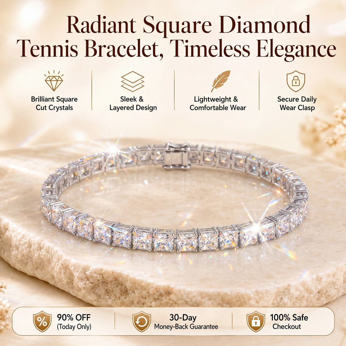 🔥 LAST DAY 90% OFF : Radiant Square Diamond Tennis Bracelet – Seamless Brilliance & Fluid Comfort