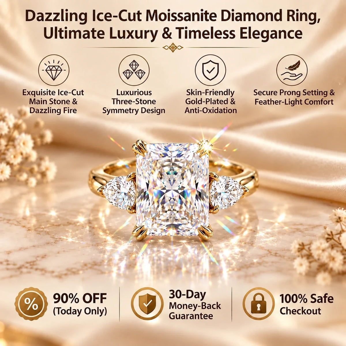 🔥 LAST DAY 90% OFF : Dazzling Ice-Cut Moissanite Diamond Ring (1.5CT - 5.0CT) | 18K Gold Plated S925 Three-Stone Radiant Ring with Trillion Accents