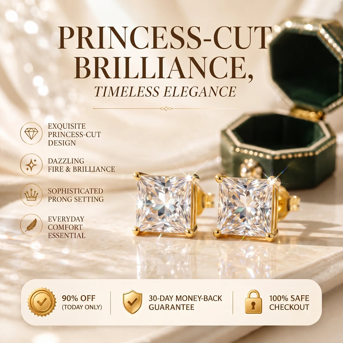 🔥 90% OFF (Today Only): VVS Princess-Cut Moissanite Studs