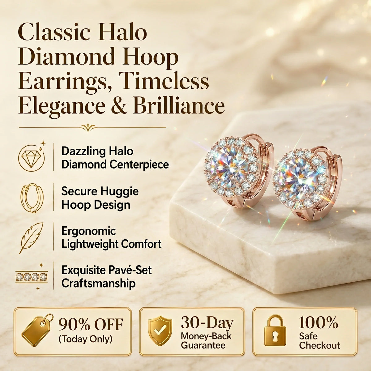 🔥 LAST DAY 90% OFF : Classic Halo Diamond Huggie Hoop Earrings – Timeless Elegance & Secure Brilliance