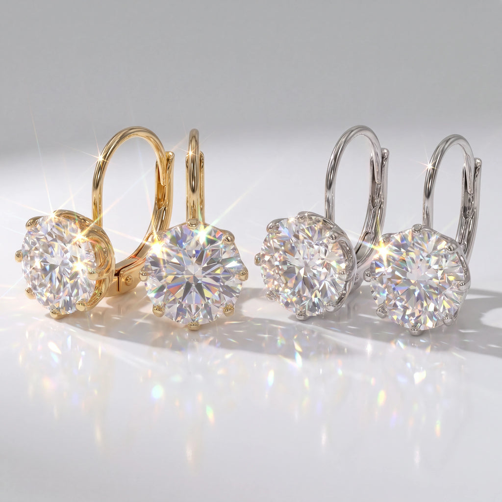 A Classic Solitaire Drop with a Leverback Closure — Gold and Silver options