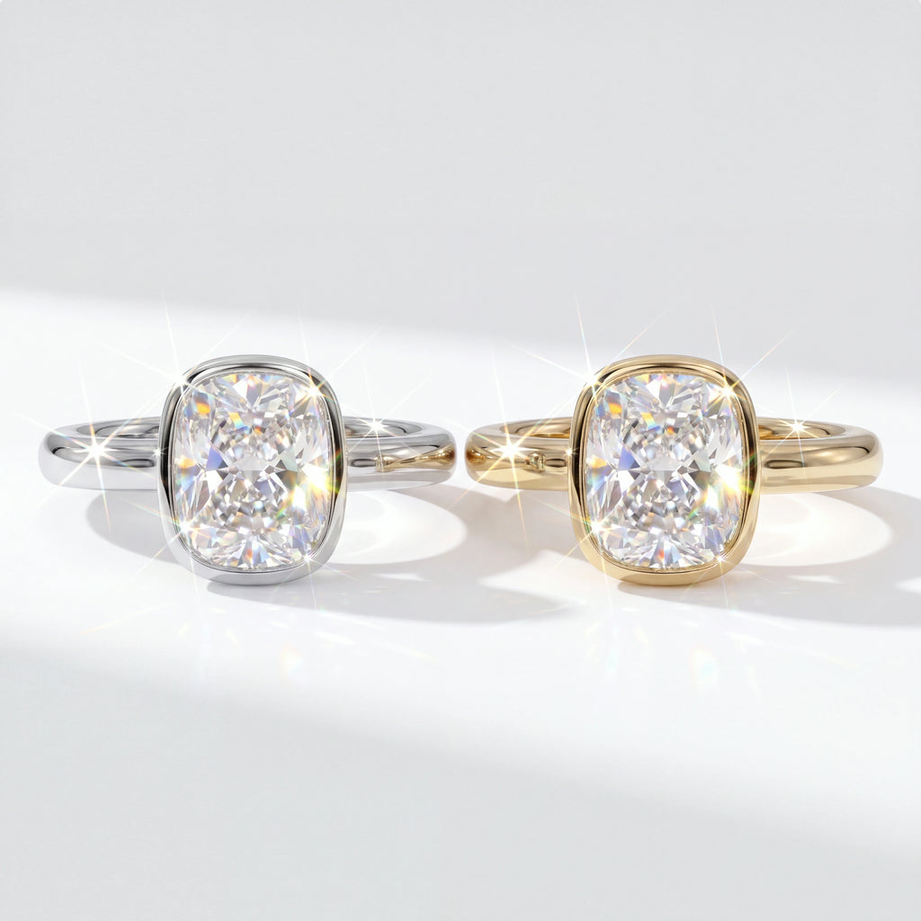 Cushion-Cut Sparkle Framed by a Smooth Bezel — Gold and Silver options