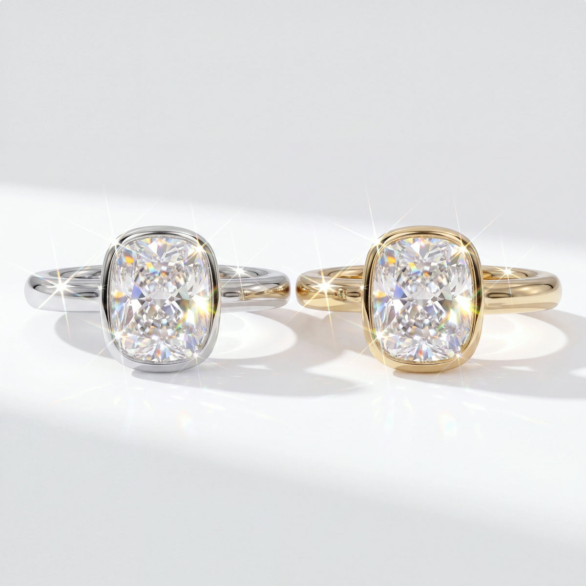 Cushion-Cut Sparkle Framed by a Smooth Bezel — Gold and Silver options