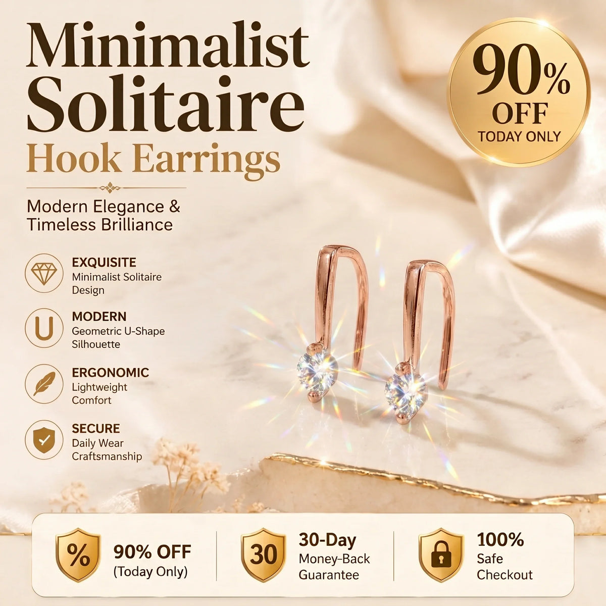 🔥 LAST DAY 90% OFF : Minimalist Solitaire U-Shape Hook Earrings – Easy-On Comfort & Timeless Brilliance