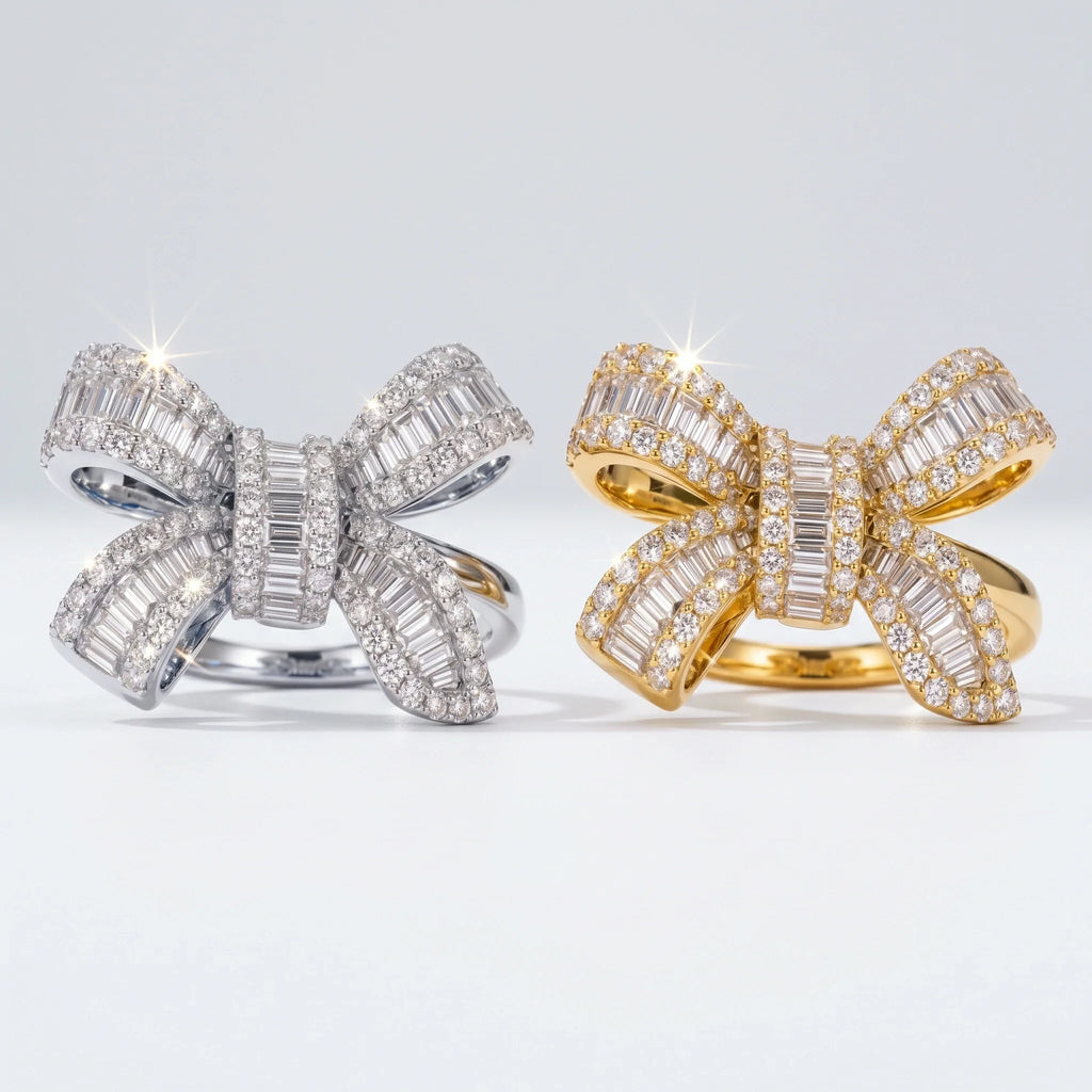 Moissanite bow ring in silver-tone and gold-tone finishes