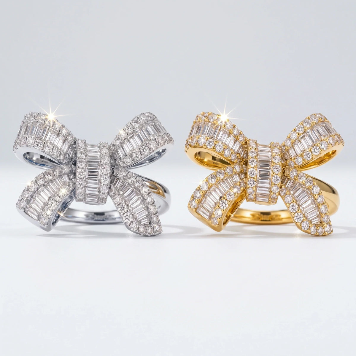 Moissanite bow ring in silver-tone and gold-tone finishes
