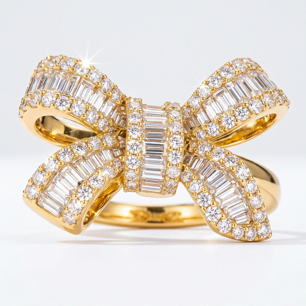 Gold-tone baguette pave moissanite bow ring