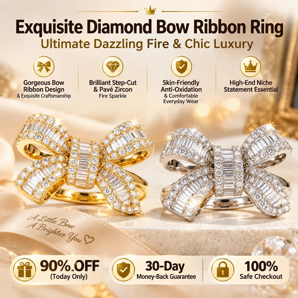 Gold-tone and silver-tone moissanite bow ribbon rings