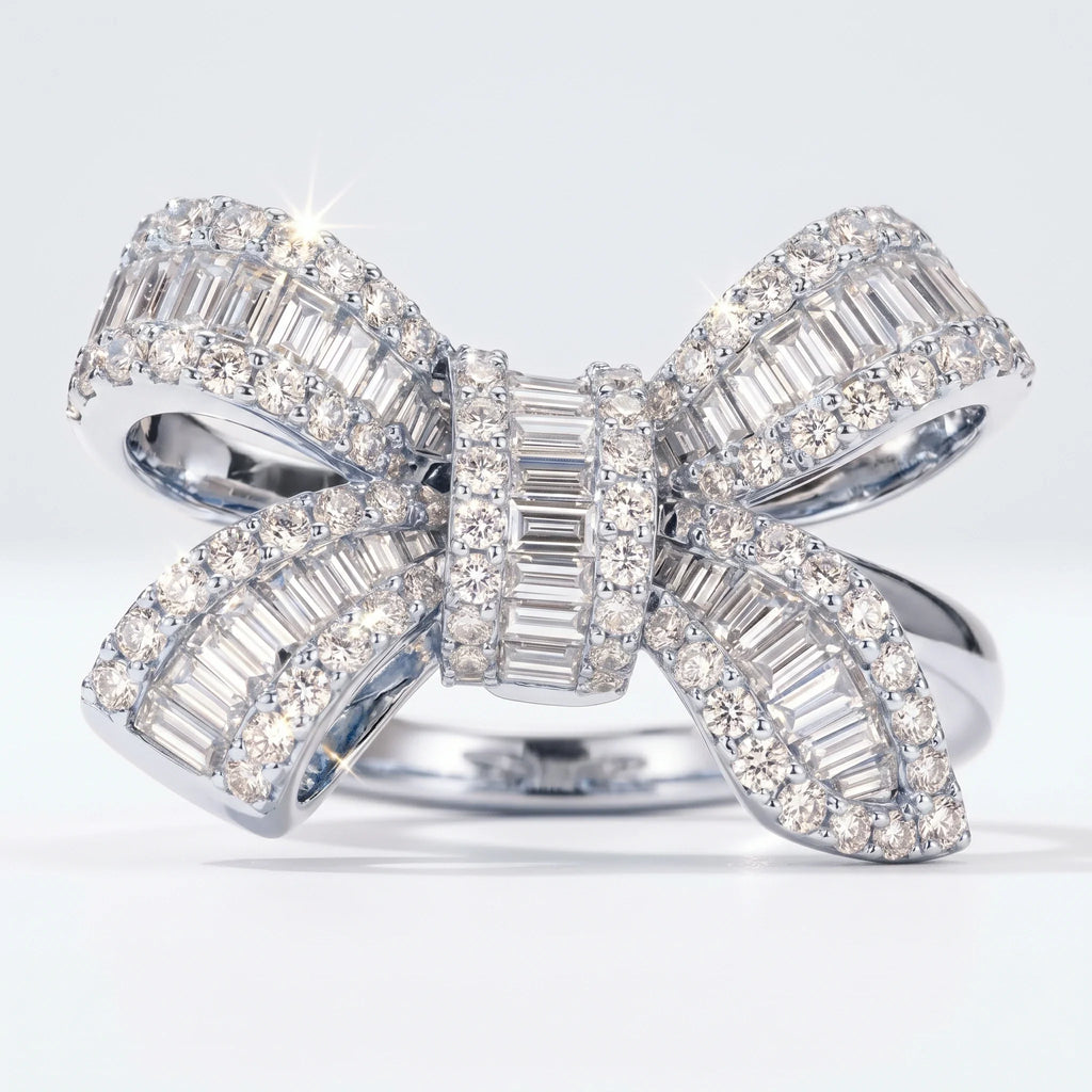 Silver-tone baguette pave moissanite bow ring