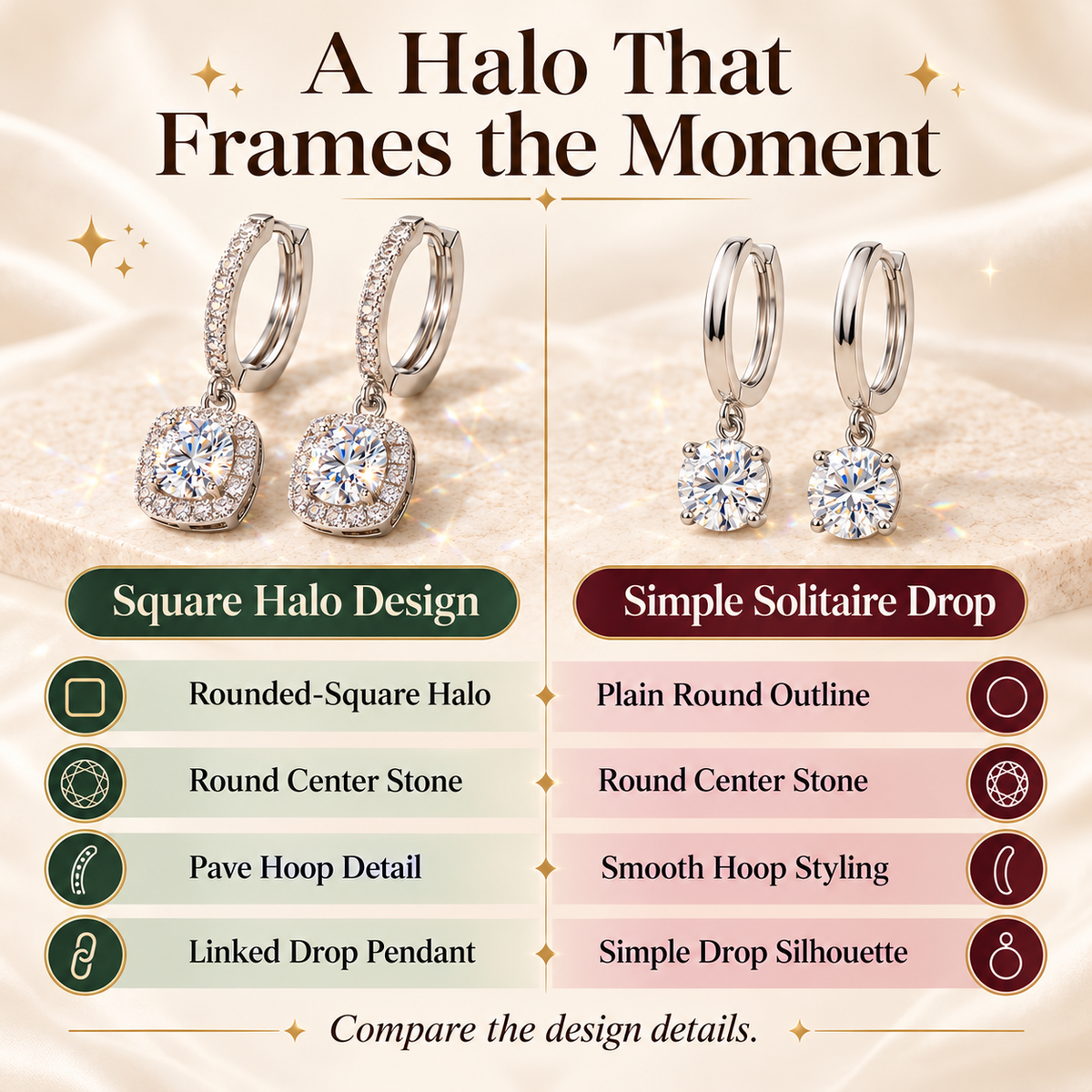 🔥 LAST DAY 90% OFF | Square Halo Moissanite Drop Hoop Earrings – Framed Round Brilliance & Romantic Everyday Movement