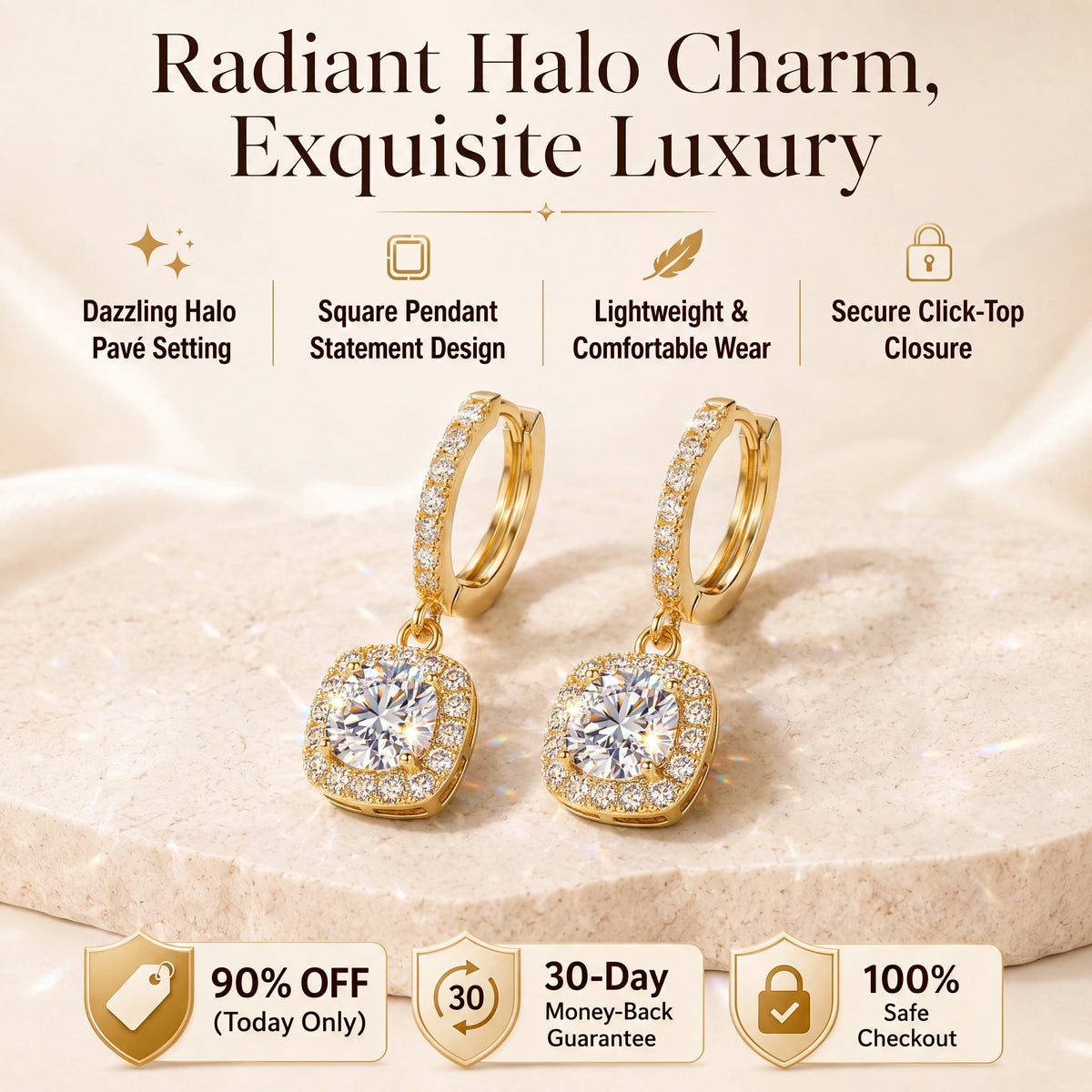 🔥 LAST DAY 90% OFF | Square Halo Moissanite Drop Hoop Earrings – Framed Round Brilliance & Romantic Everyday Movement