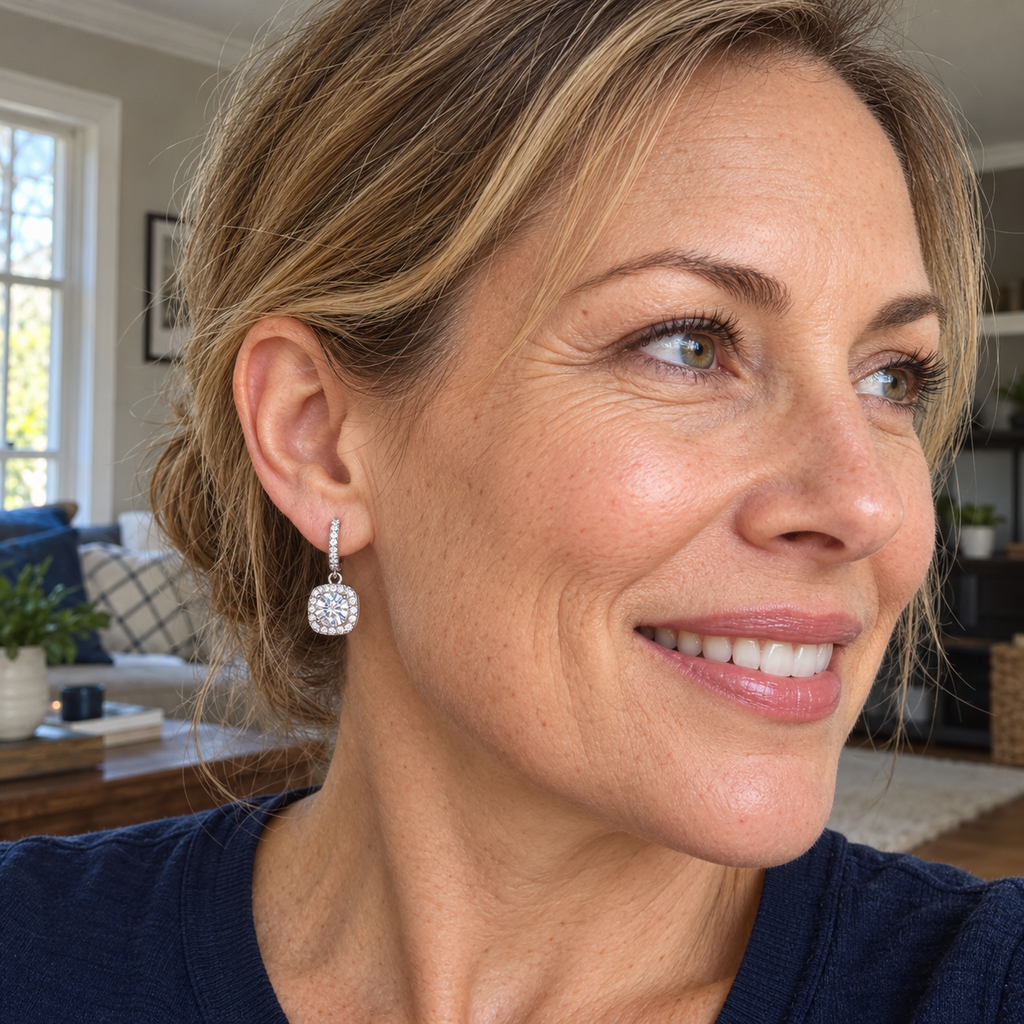 🔥 LAST DAY 90% OFF | Square Halo Moissanite Drop Hoop Earrings – Framed Round Brilliance & Romantic Everyday Movement