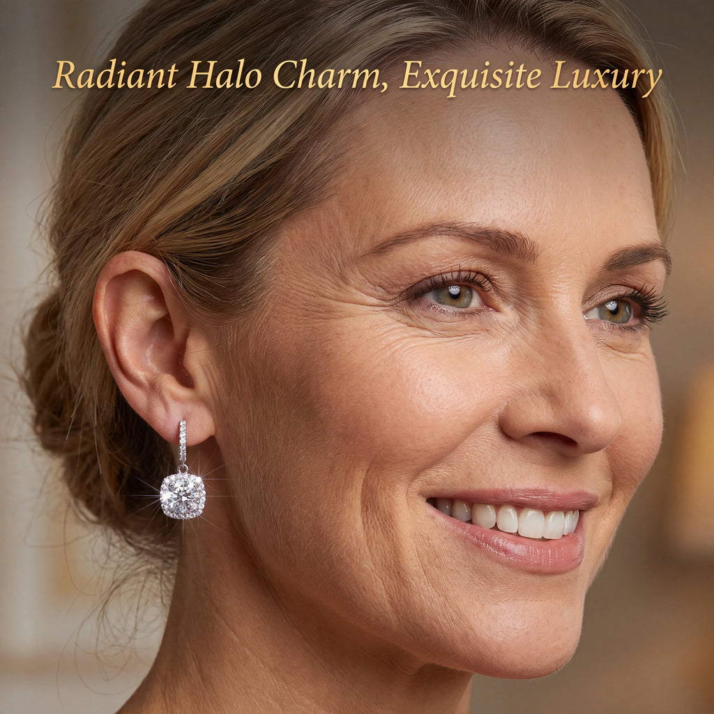 🔥 LAST DAY 90% OFF | Square Halo Moissanite Drop Hoop Earrings – Framed Round Brilliance & Romantic Everyday Movement