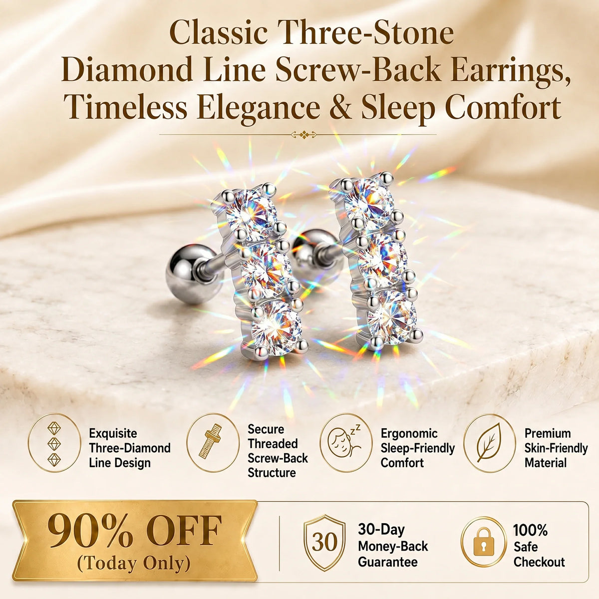Three-Stone Straight-Line Moissanite Screw-Back Studs sku1