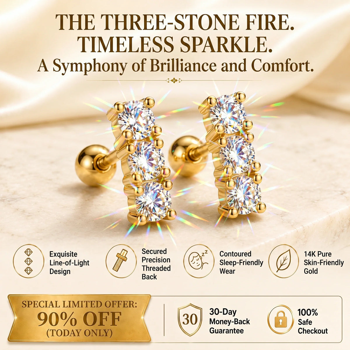 Three-Stone Straight-Line Moissanite Screw-Back Studs sku2