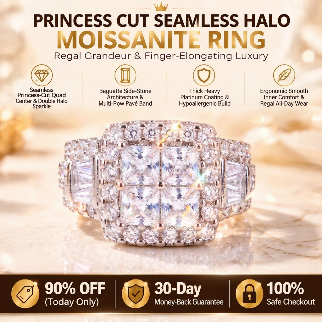 Princess-cut quad-center moissanite ring overview