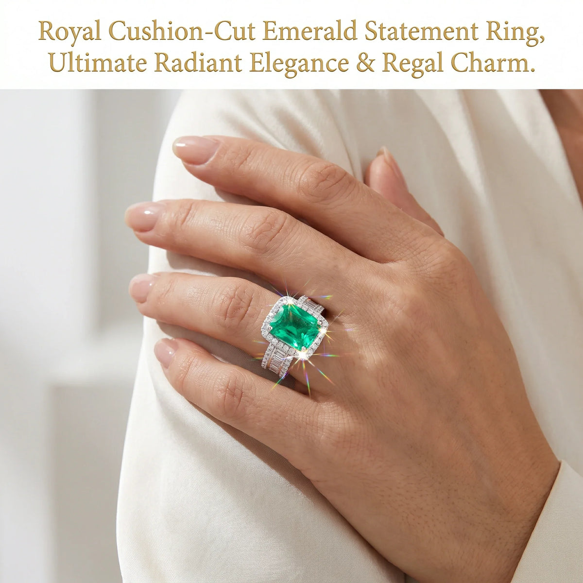 🔥 LAST DAY 90% OFF | Royal Cushion Emerald Halo Ring – Rich Green Brilliance & Elegant Statement Styling